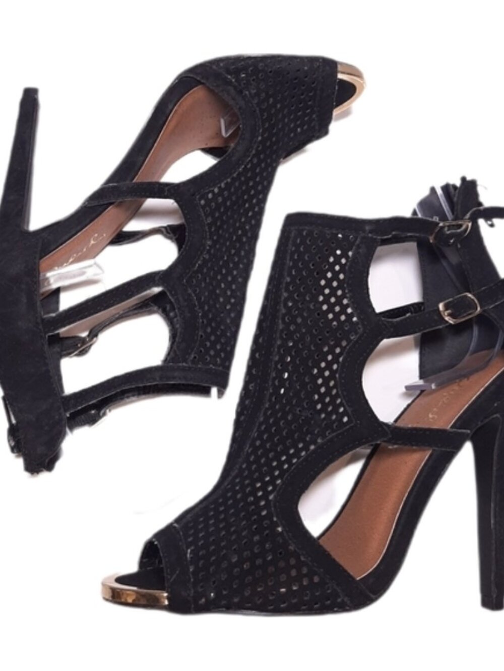 Qupid Faux Suede Laser Cut Stiletto Heels Open Toe Sandal Gold Metallic Size 5.5